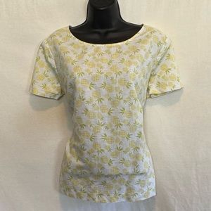 D-111‎ J. Crew Yellow Green & White Pineapple Print Short Sleeve Blouse Size M